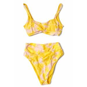 Aerie Tie Dye High Waisted Bikini Set Yellow Pink Cheeky Swim Summer L Vacation